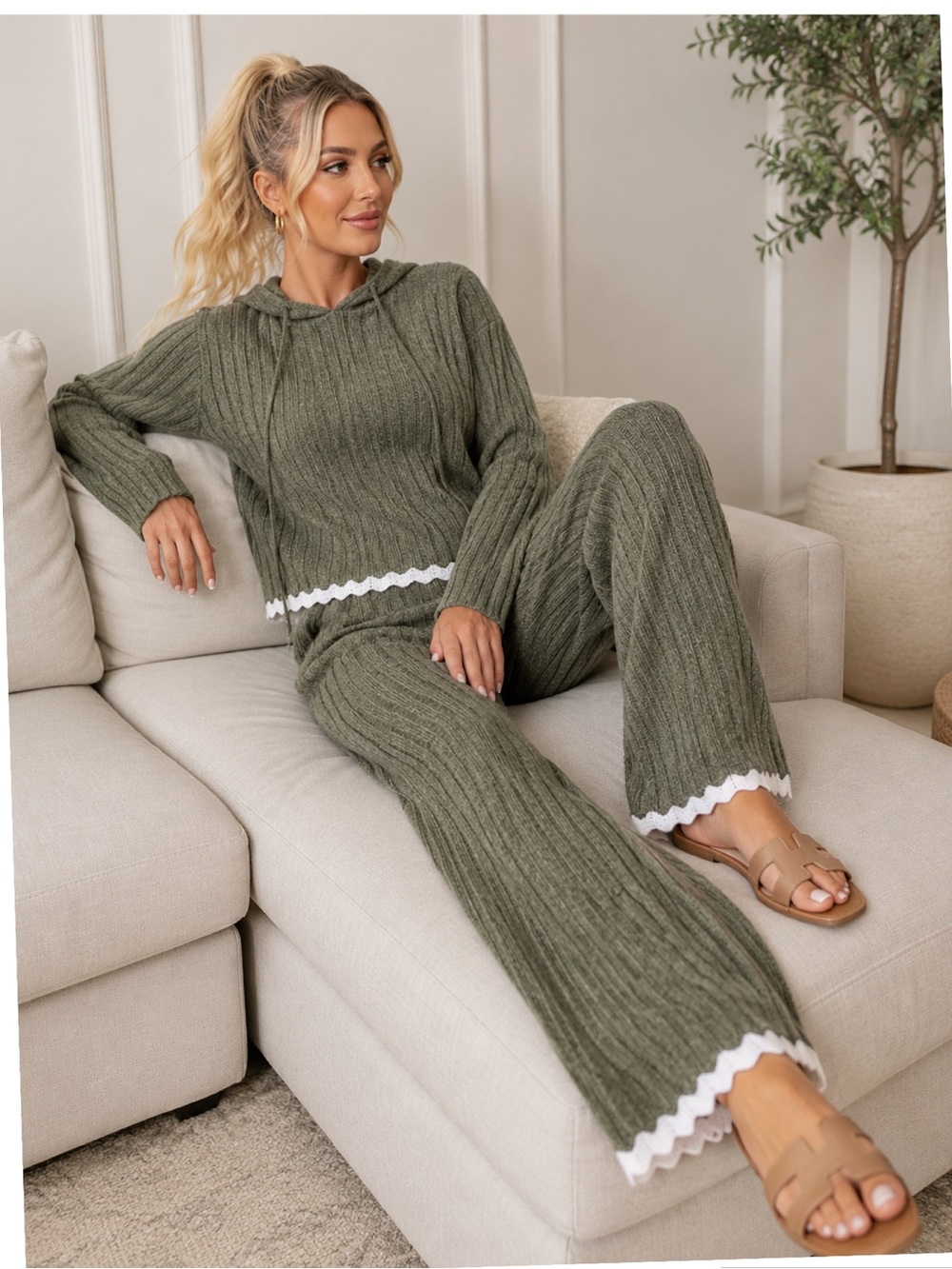 NWT Onfers Olive Green Ribbed Knit 2 Piece Lounge Set Hoodie Pants L